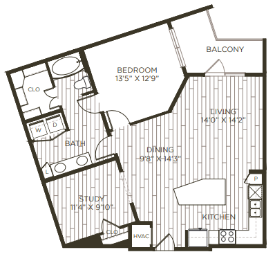 Floor plan for 1 bed, 1 bath, 1055 sqft